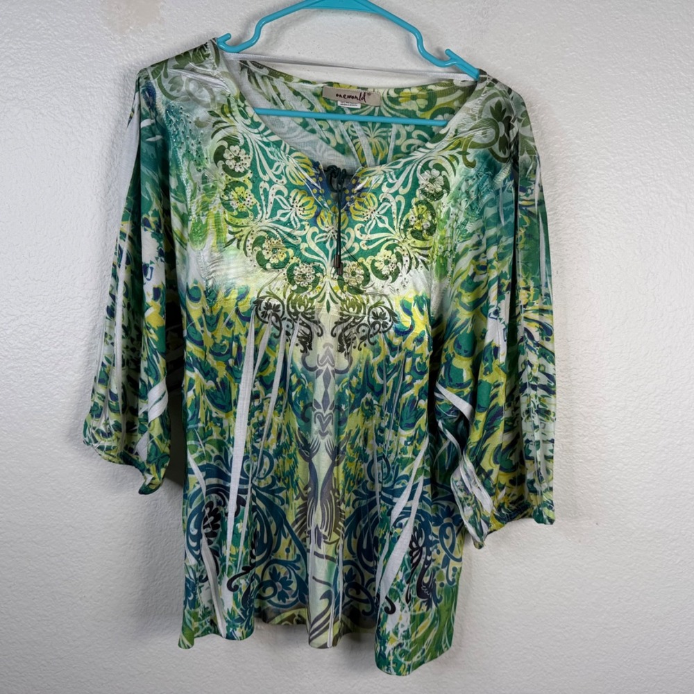 One World Top Women's Green Sz XL Floral Rhinestones Boho Fairy